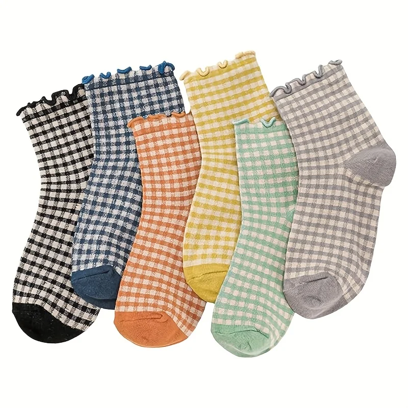 6 Pairs Vintage Plaid Lace Mid Tube Socks Ins Girl's Fungus Edge Colorful Cute Short Socks