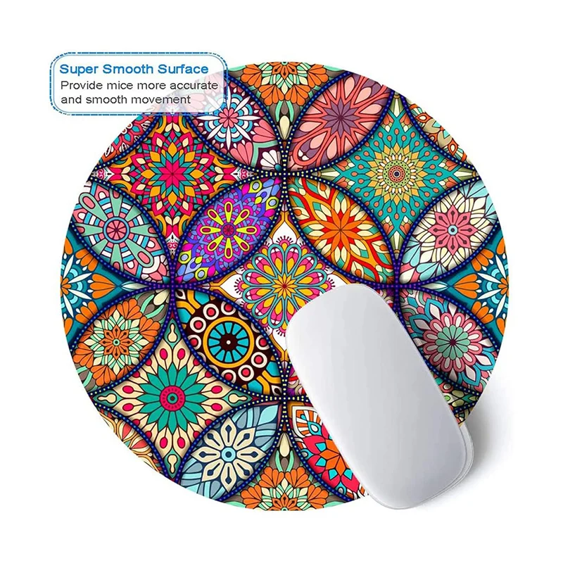 Pretty Mandala Round  Mouse Pad Non-Slip Rubber Base Mousepad with Stitched Edge Waterproof Office Mouse Pads 9 x 9Inch