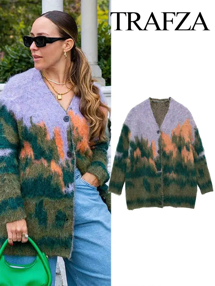 

TRAFZA Autumn Women's Retro Multi-color Printed Cardigan Jacket V-neck Breasted Women's Streetwear Long Sleeved Knitted Top Y2k