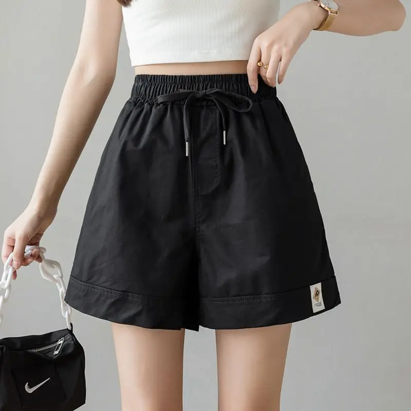 Korean Fashion Summer New Women's Elastic Waist Drawstring Pocket Simplicity Versatile High Waist Loose A-line Wide Leg Shorts