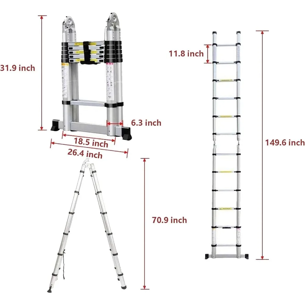 سلم تمديد ألومنيوم متعدد الأغراض مع قضيب تثبيت، 12.5 قدم، تصميم على شكل حرف A، يدعم 330 رطلاً