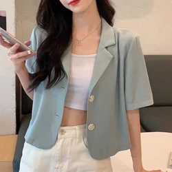 Donna moda coreana manica corta colletto dentellato Chic monopetto blazer estate Y2K solido Casual Street Cropped Suit Jacket