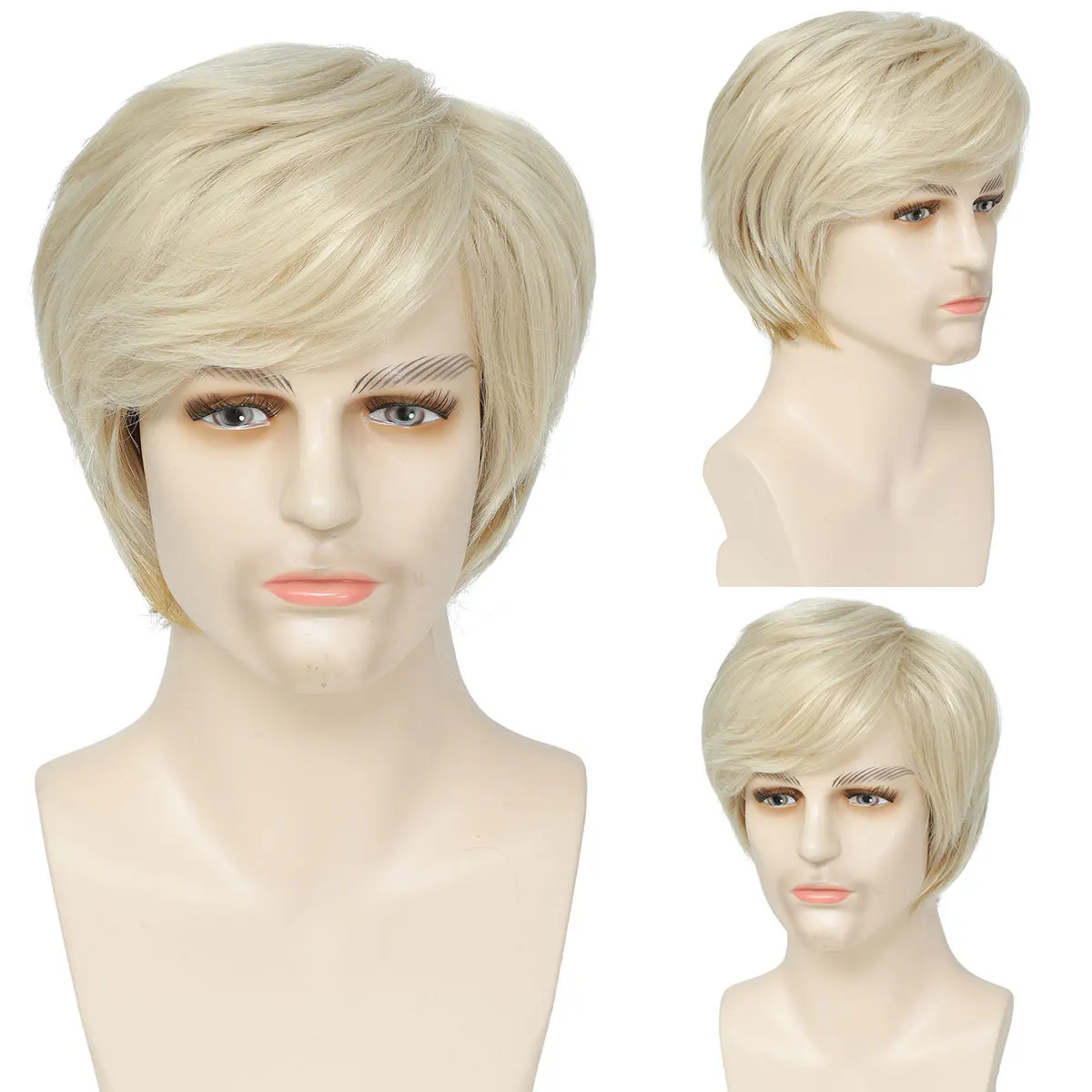 Foreign trade slanted bangs, light gold linen wig, men's short hair, bob hairstyle, full head cover, men's