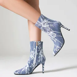 Phoentin sexy pointed toe lace denim Ankle boots 2023 Autumn super thin high heels shoes party Women short boot size 45 FT3087