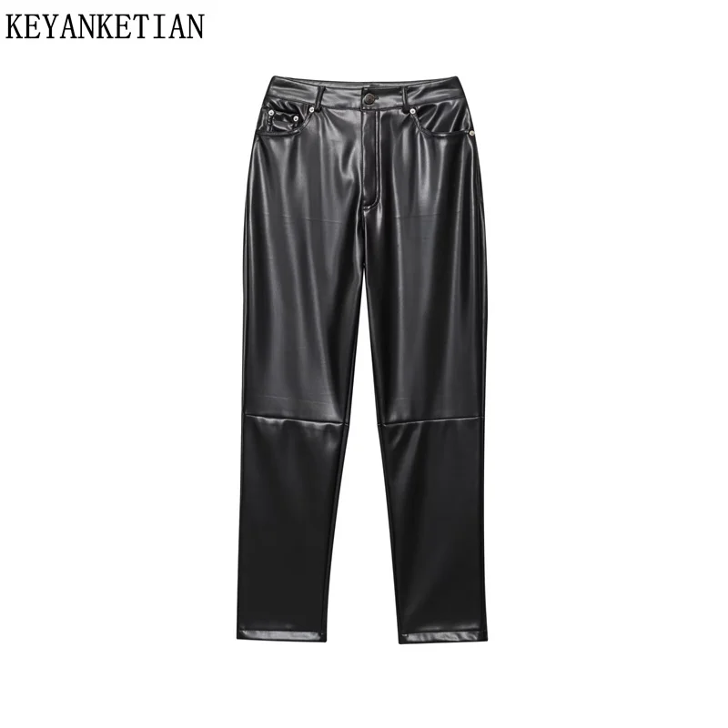 KEYANKETIAN Spring/Autumn New Women's Faux leather Trousers Street style Zipper High Waist Slim Soft Touch Black Skinny pants