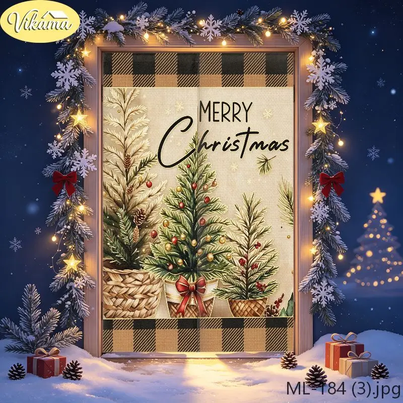 VIKAMA Christmas Red Plaid Arch Reindeer Door Curtain Gold Frame Merry Text Elk Snow Tree Ornament Holiday Linen Noren Bedroom