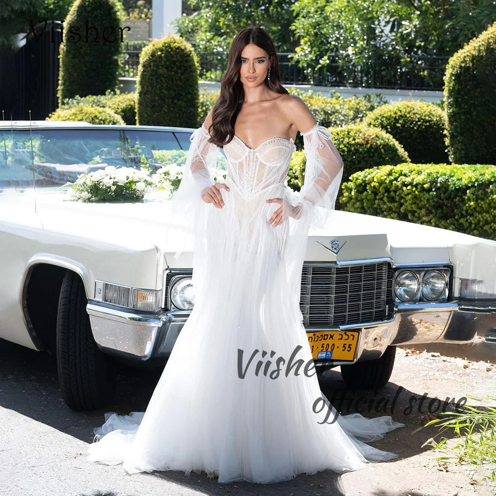 Visher weiße Prinzessin Brautkleider drapiert Satin eine Linie Brautkleid Langarm elegante Hochzeit Brautkleider angepasst