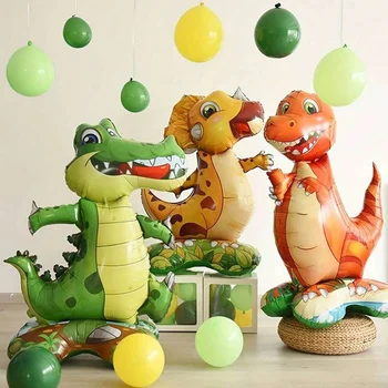 스탠드 베이스 동물 풍선, 숲 파티, 티라노사우루스, 삼각형 드래곤 악어 풍선, 어린이 생일 공룡, 1 세트, 3 개 
