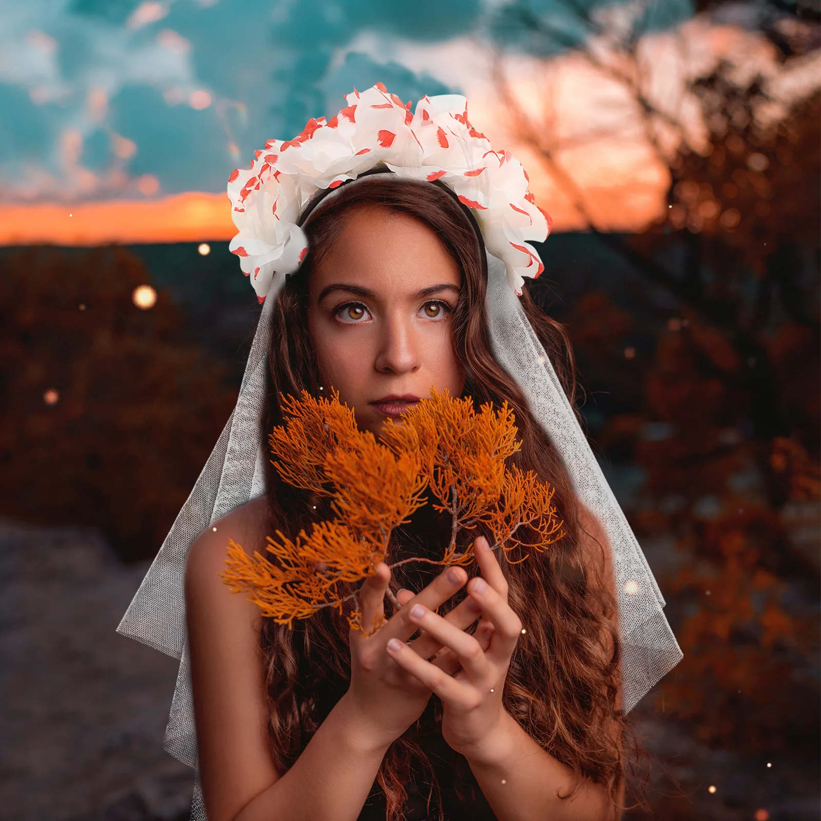 Czerwono-biała opaska z kwiatami róży, welon, kostium na Halloween, akcesorium do cosplayu, damski strój festiwalowy, unikalny kwiatowy dekor