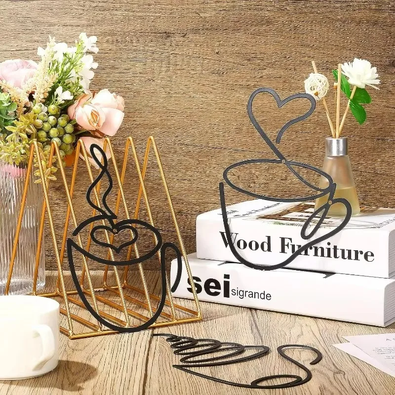 3/6Pcs Coffee Wall Decor Iron Art Metal Wall Hanging Set Minimalist Coffee Cup Line Art Decoration for Living Room Bedroom Cafe