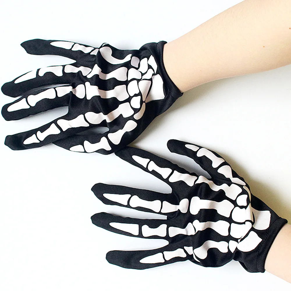 1 Pair Halloween Skeleton Gloves Unisex Adult Full Finger Short Gloves Women Stretch Cosplay Goth Mittens Party Accessories