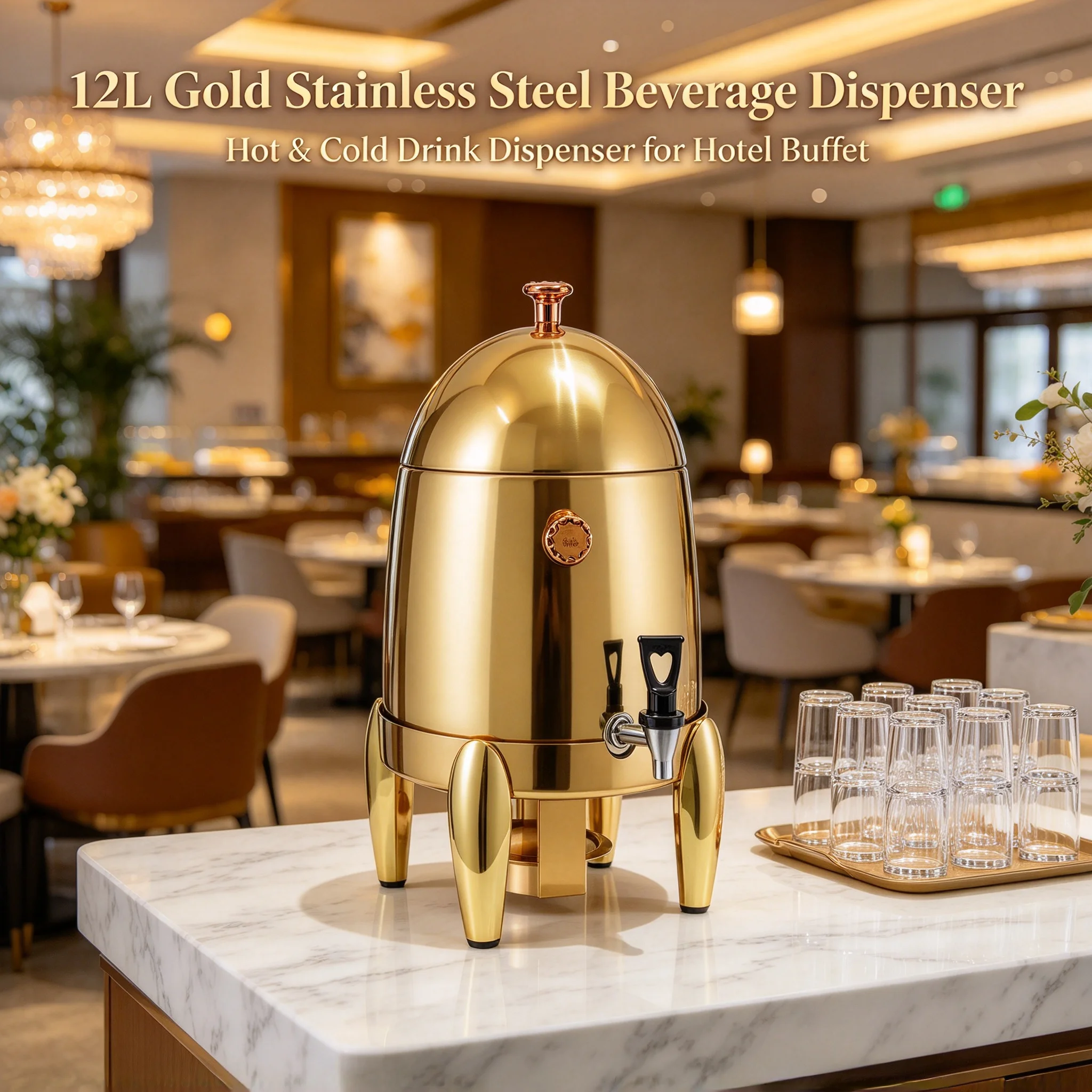 12L Beverage Dispenser Stainless Steel Insulated Cold Hot Drink Dispenser with Faucet & Ice Column, 9-Level Heating 86-185°F for Party Kitchen Hotel