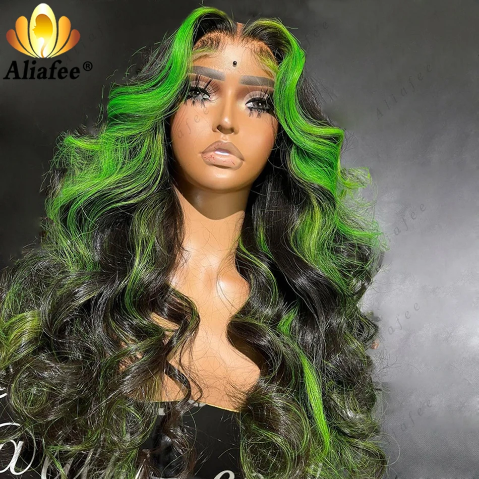 Destaque peruca verde onda do corpo, brasileiro, 100% cabelo humano, pré arrancado, laço transparente com cabelo do bebê, peruca de renda 13x4