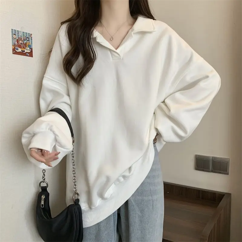 Fashionable V-neck Pullover Solid Color Oversized Hoodie Pure Desire Style Spring Pleated Long Seeved Loose Bottomed Top