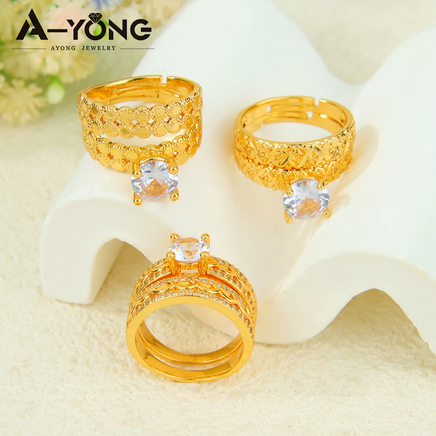 Dubai Mode Kubische Zirkonia Stapelbare Ringe 21k Vergoldet Arabischer Exquisiter Verlobungsring Paarringe Italienischer Goldschmuck – Detail 2