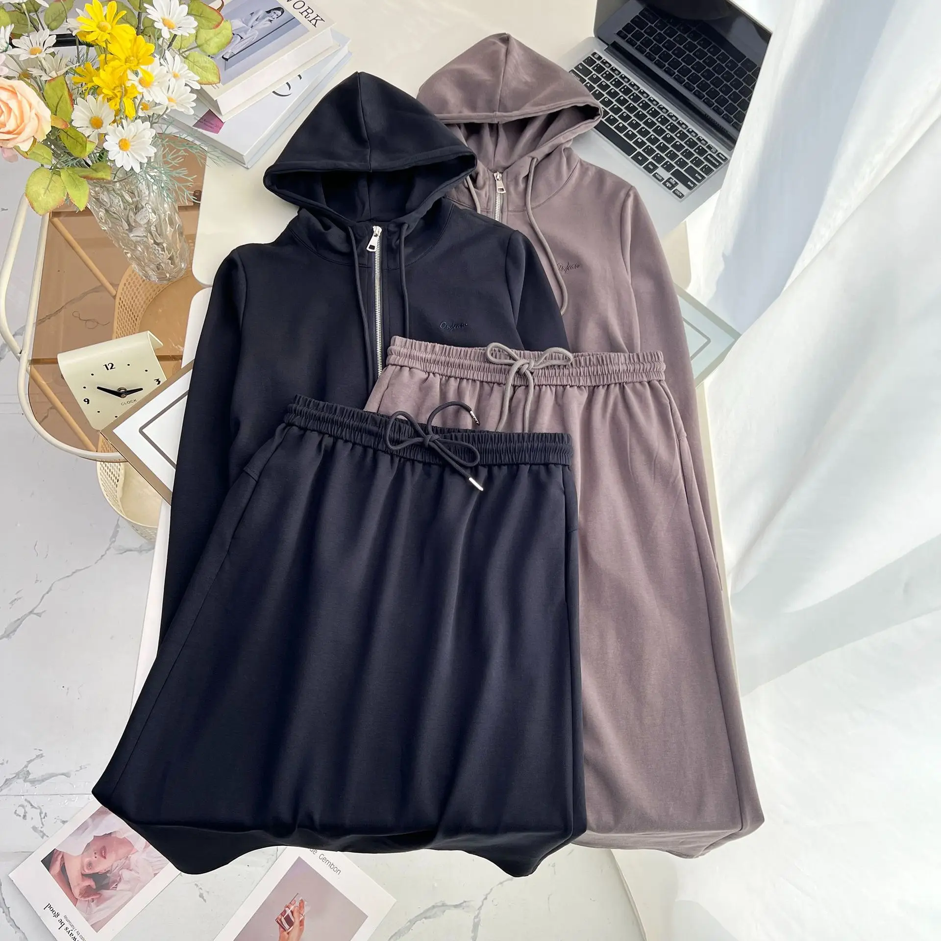 XXXXL moda plus size conjunto feminino outono novas roupas casuais com capuz zíper jaqueta e saia conjunto de duas peças