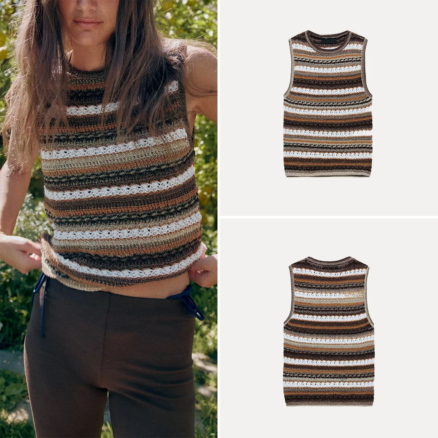 

Women's Summer Knitted Sleeveless round Neck Striped Top ZADATA Brand Short Length Outerwear Style No Chest Pad Included
