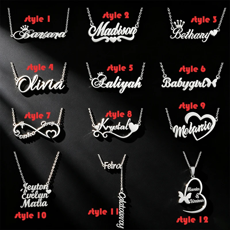 Multi-style Name Personalized Pendant Woman Necklace Stainless Steel Crown Heart Nameplate Customized Necklace Birthday Gift