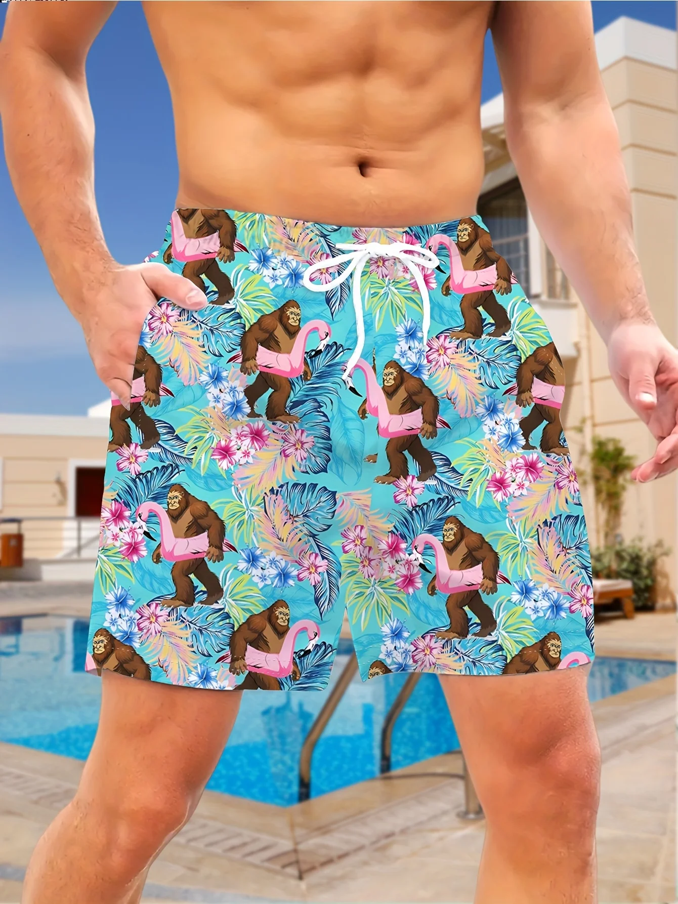 Fun Gorilla Flamingo Swimming Circle 3D Printed Beach Pants Men's Summer Quick Drying Casual Shorts Men's Five Point Mesh Shorts
