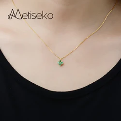 Metiseko 925 Sterling Silver Emerald Colour Four-leaf Clover Necklace Collar De Flores Flower Pendant French Necklace for Women