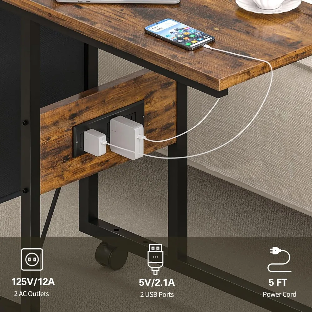 ชุดโต๊ะกาแฟปรับระดับความสูงได้ พร้อมพอร์ต USB และล้อเลื่อน สไตล์อินดัสเทรียล สำหรับห้องนั่งเล่น