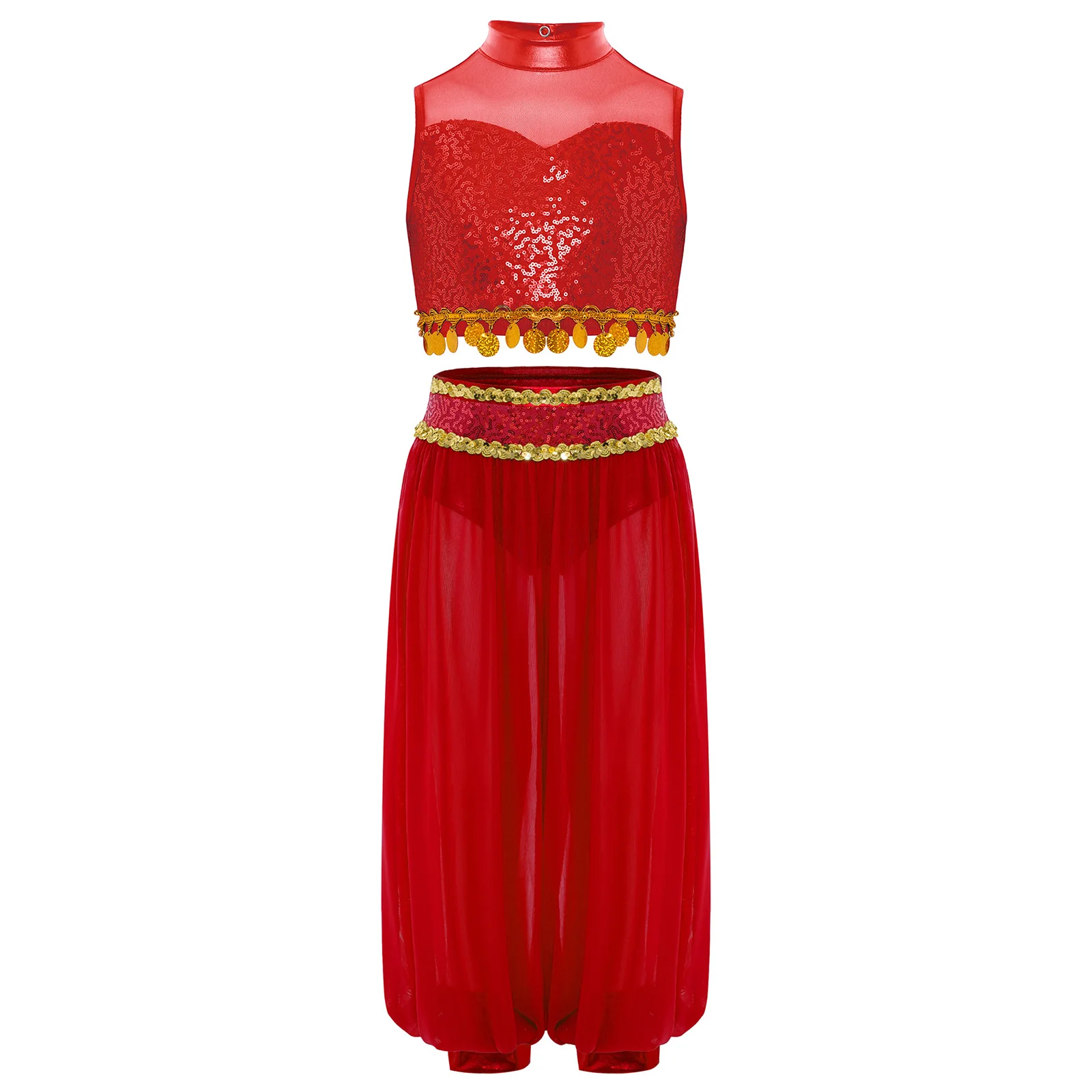 Arabisch buikdanskostuum voor kinderen Danskleding voor meisjes Mouwloze crop top met pailletten en mesh bloeiersbroek voor toneelvoorstellingen