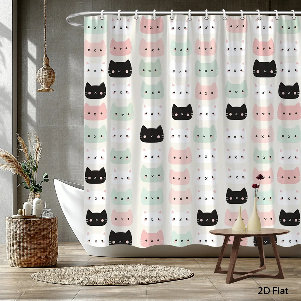 

1 шт. занавеска для душа с кошачьим принтом и крючками, машинная стирка, полиэстер, подходит для декора ванной комнаты.