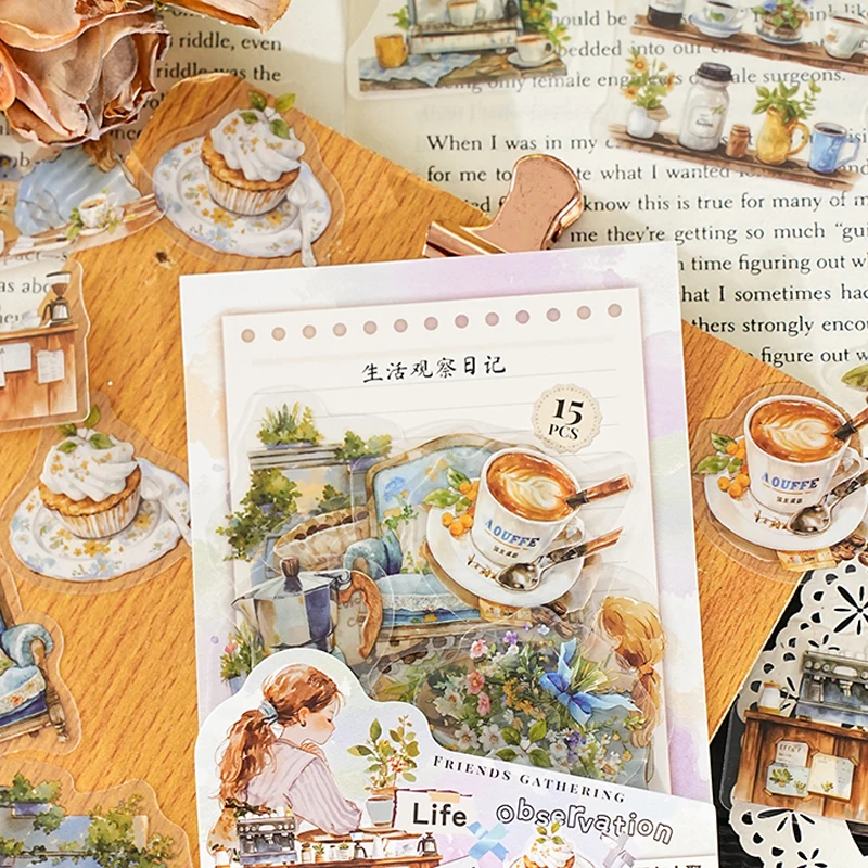 45pcs Life Observation Diary Series Stickers Handbook Collage DIY Photo Frame Album Diary Notebook Postcard Envelope Card