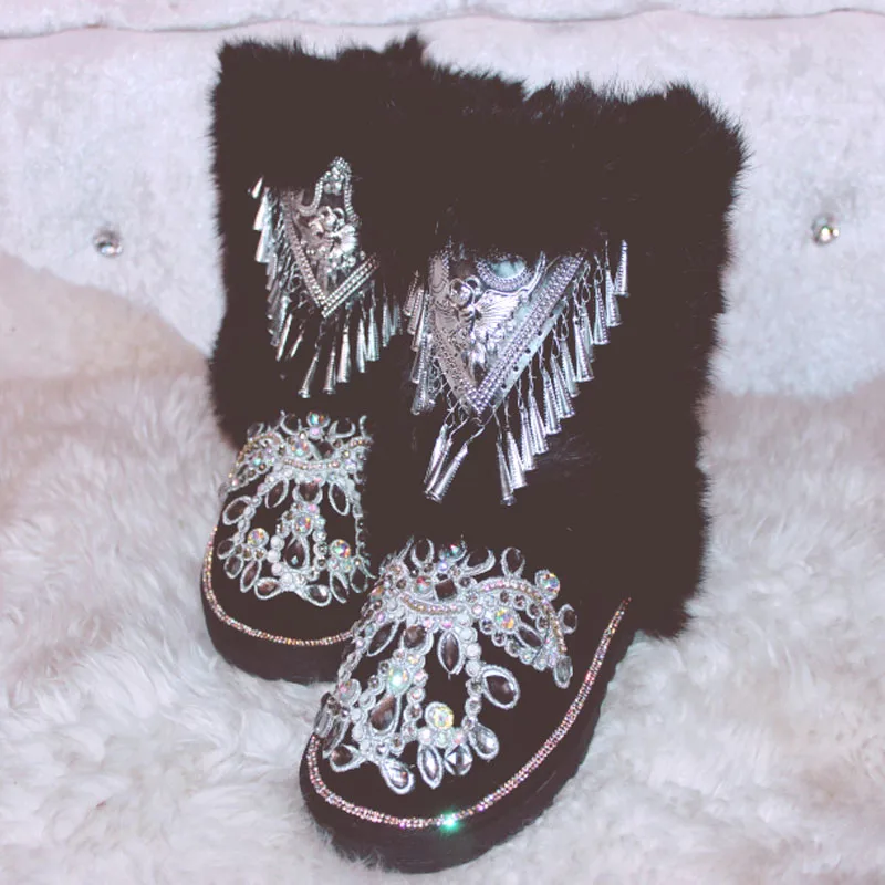 Bling Bling Silver Bells Rabbit Fur Snow Boots Floral Rhinestone Sweet Thick Sole Warm Fur Inside Winter Boots Shoes