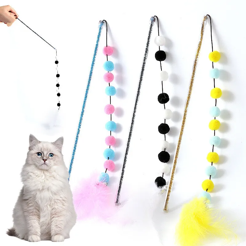 Cat Toy Pompom Cat Toys Interactive Feather Toys for Cats Teasing Durable Cats Toy Playing Stick Plush Ball Pet Supplies