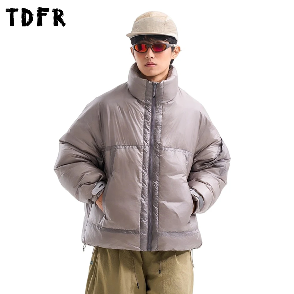 

Spliced Print Down Jacket Mens Safari Style Winter Warm Stand Collar Long Sleeve Drawstring Hem Thick Padded Jacket Man