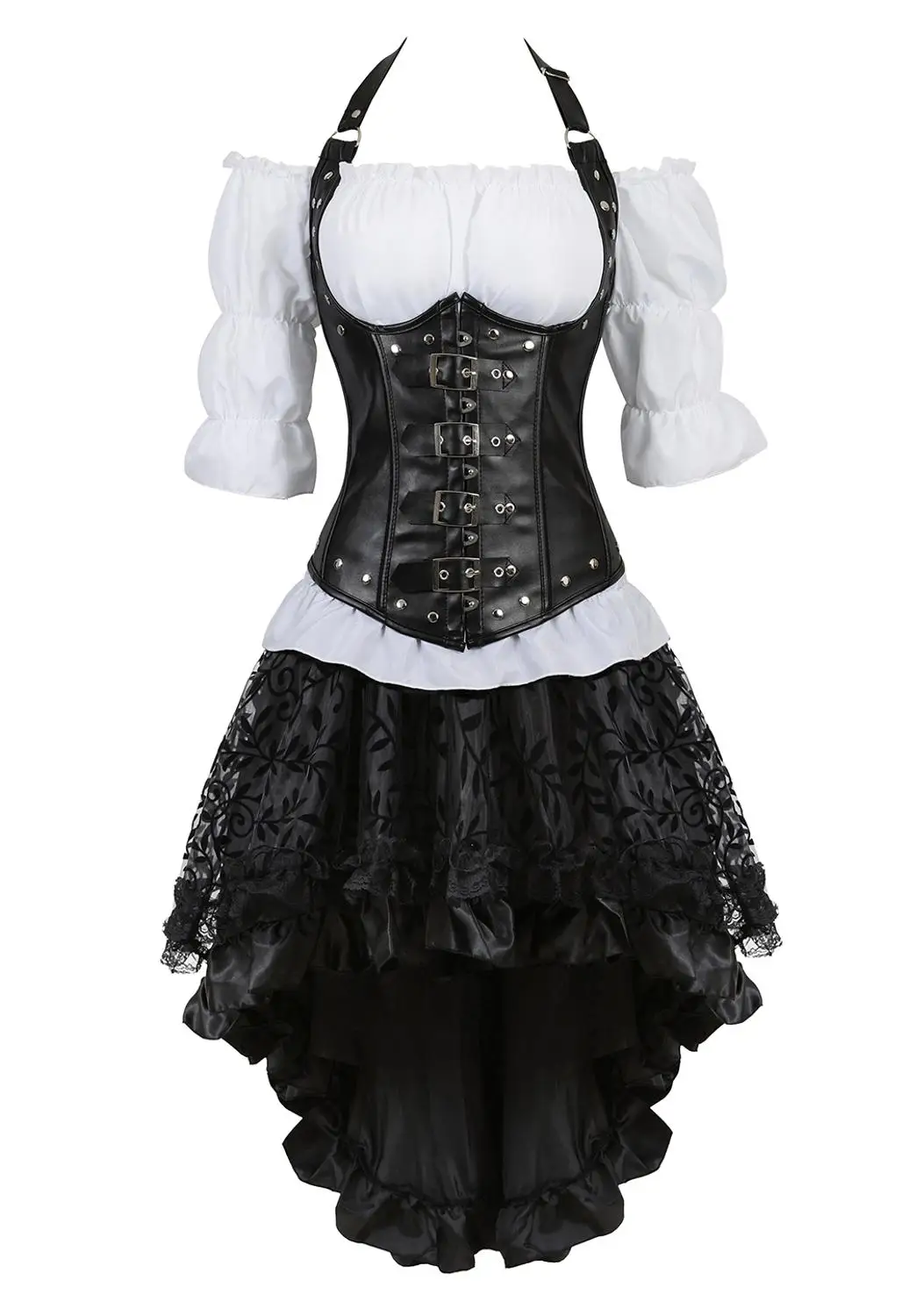 

Corset Steampunk Dress Bustiers Corset Skirt Three-Piece Leather Pirate Lingerie Corsets Irregular Burlesque Plus Size