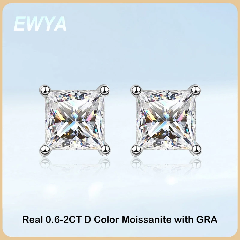 

EWYA Real 1.2/2/4ct Moissanite Stud Earrings For Women 925 Sterling Silver Classic Princess Cut Diamond Earring Fine Jewelry