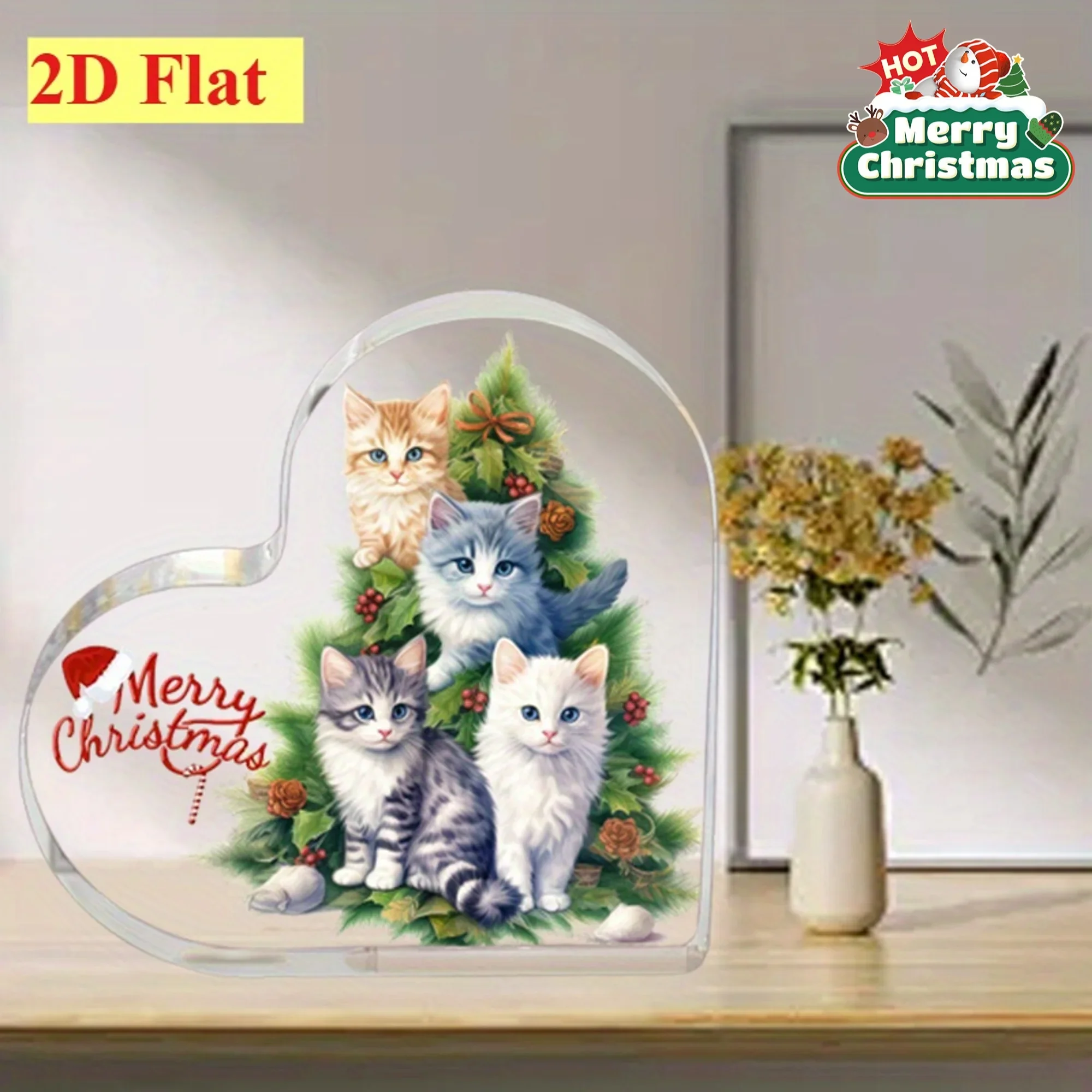 Merry Christmas Heart‑Shaped Acrylic Plaque, Cute Kitten Christmas Tree Table Decor