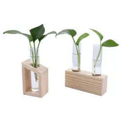 Transparent Crystal Glass Test Tube Vase in Wooden Stand Flower Pots for Hydroponic Plants Home Garden Decoration
