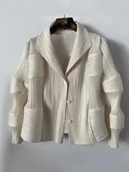 Miyake-abrigo plisado de manga larga para mujer, Chaqueta corta de un solo pecho, con solapa lisa, estilo informal, a la moda, para otoño, 2022