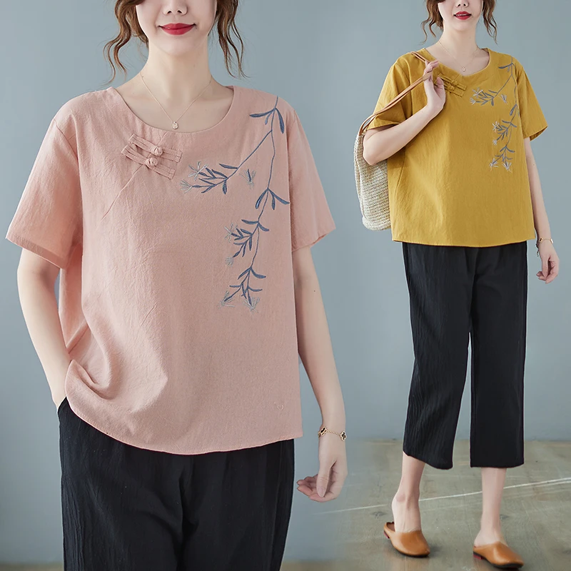 

Faionable Cotton Linen Set round Ne Button Embroidered T-irt Elastic Waist Casual Pants Large Size Women Two Piece Set