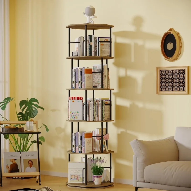 

5 Tier Revolving Bookcase for Small Space, 360° Display Freestanding Wood Rotating Bookcas