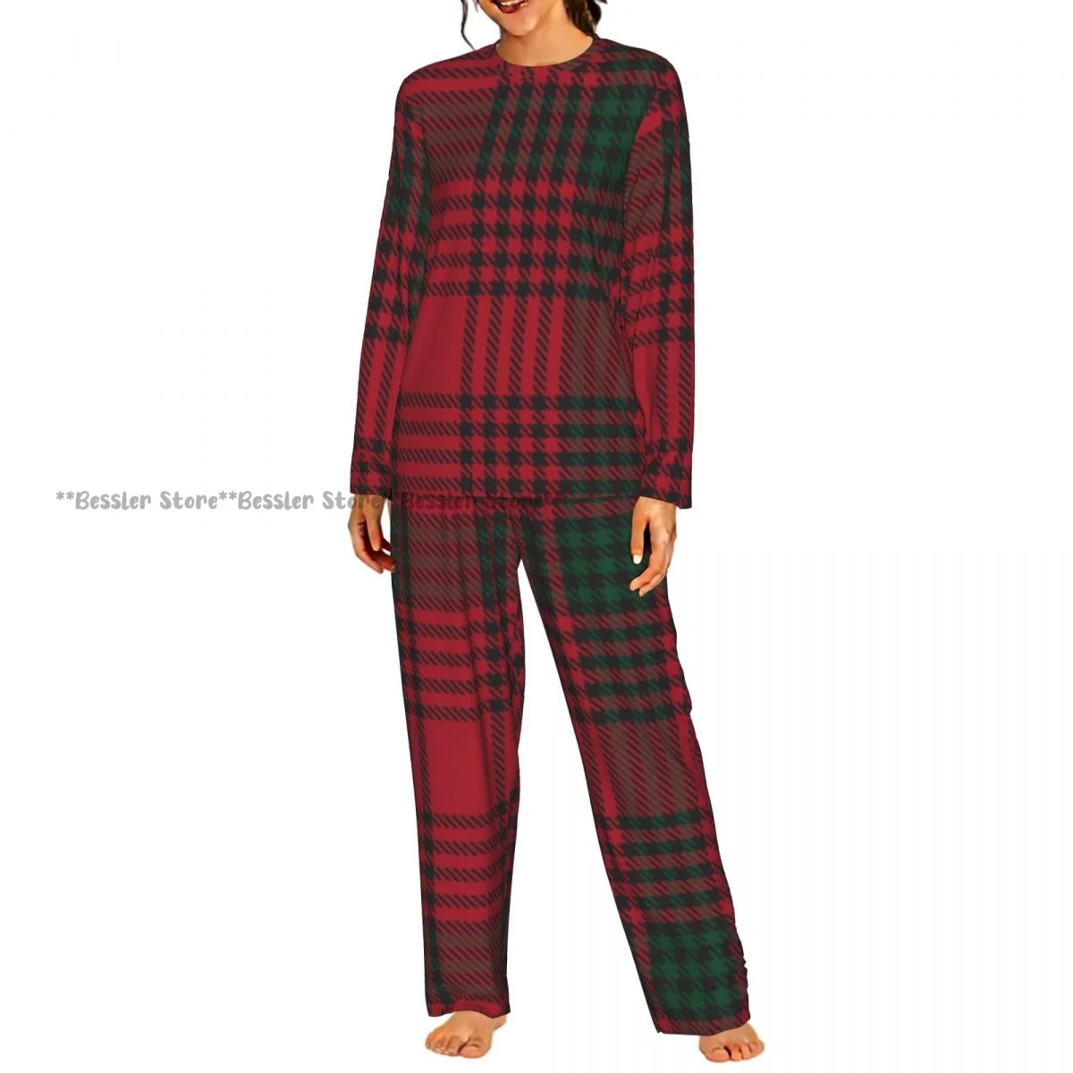 Women Round Neck Pajama Suit Long Sleeve Tops Long Pants Christmas Ombre Plaid Textured Ladies Nightwear Home Outfit