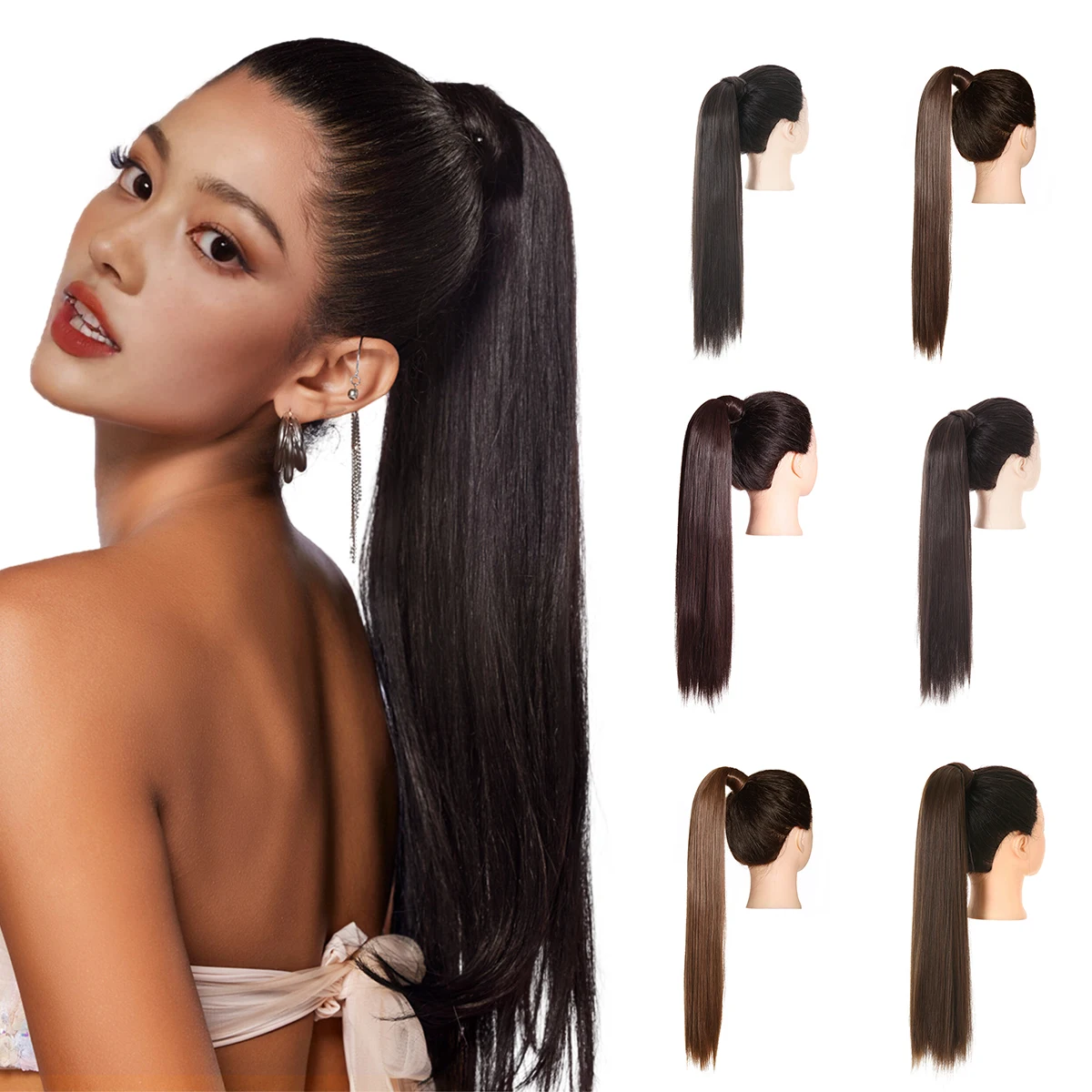 

Синтетический прямой Повседневный удлинитель волос для конского хвоста, накладной хвост на клипсе, черный накладной хвост, длинный Гладкий накладной хвост