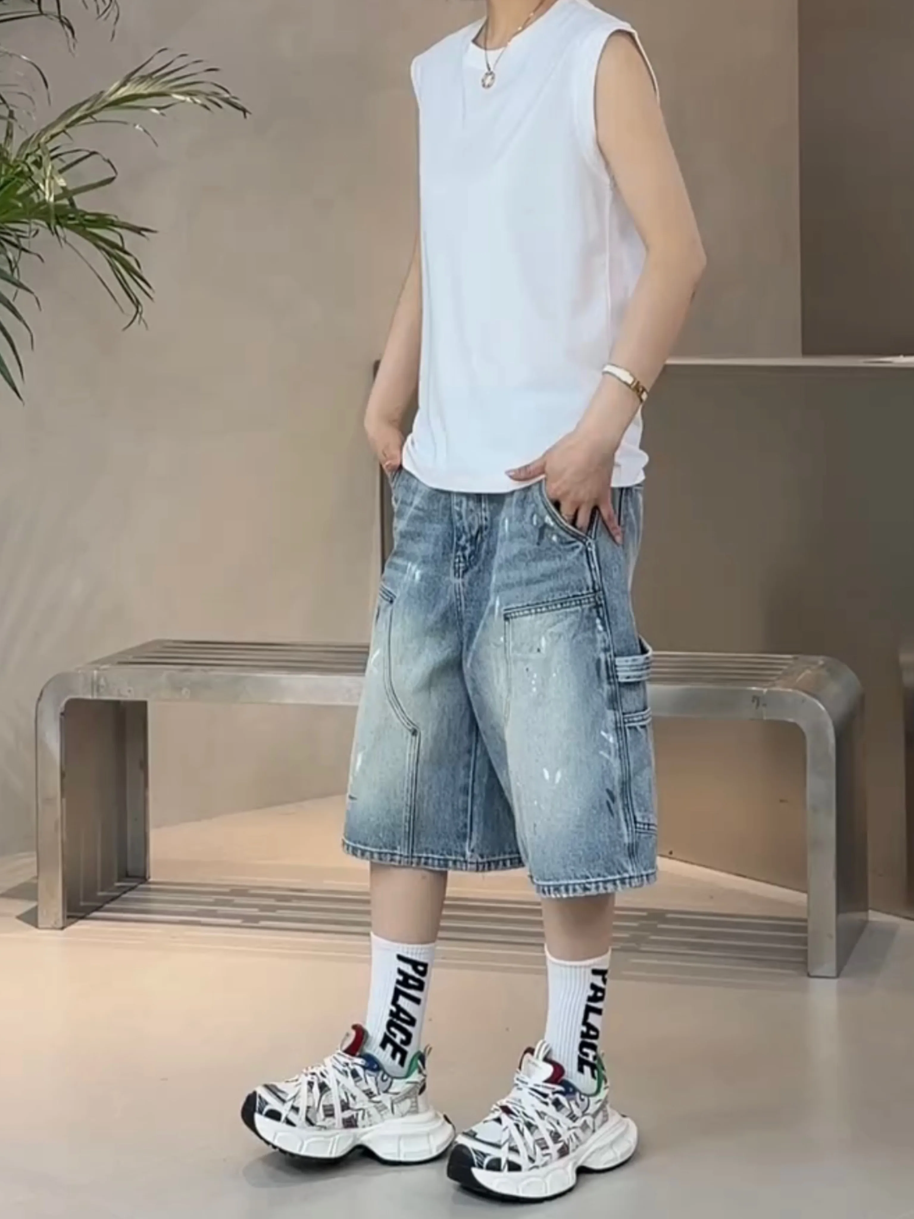 American Casual Graffiti Jeans Shorts Men's Trendy Loose All-Match Summer Thin Straight Tube Five-Point Middle Pants