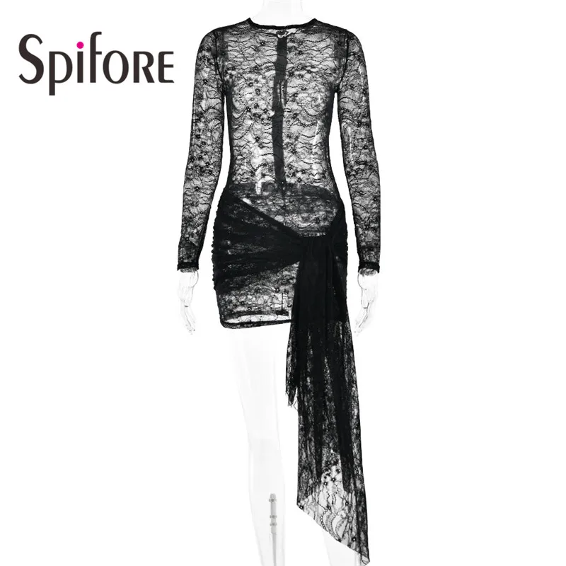 Spifore Sexy See Through Lace Dress For Women Long Sleeve O Neck Lace Up Mini Outfits Black White Nightclub Party Dress Vestidos