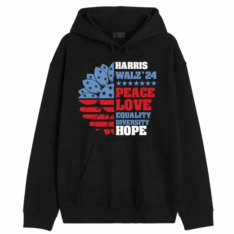 

Kamala Harris Tim Walz 2024 Hoodie 2024 Peace Love LGBT Hoodie Harris Walz Equality Diversity Hope Graphic Hoodie