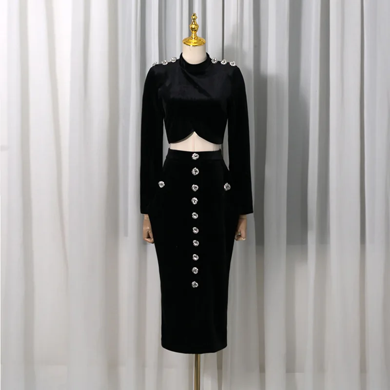 Women's Fashion Split Skirt Set O Neck Long Sleeve Diamonds Studded Crop Top Casual High Waisted A-line Skirt Office Lady Dress