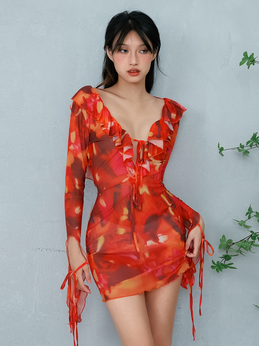 

Tie-Dye Print Tie-Up Ruffles Bodycon Dress Women Deep V-Neck Long Sleeve Backless Cocktail Party Club Skinny Mini Dress