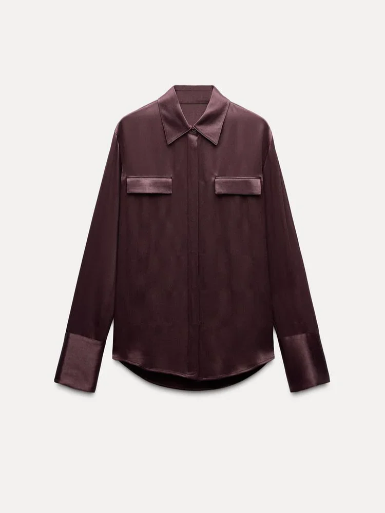 

Fashion Women V-neck Tops for Woman Elegant Double Pocket Rounded Asymmetric Hem Blouses Single Breasted Suitable for Commuting