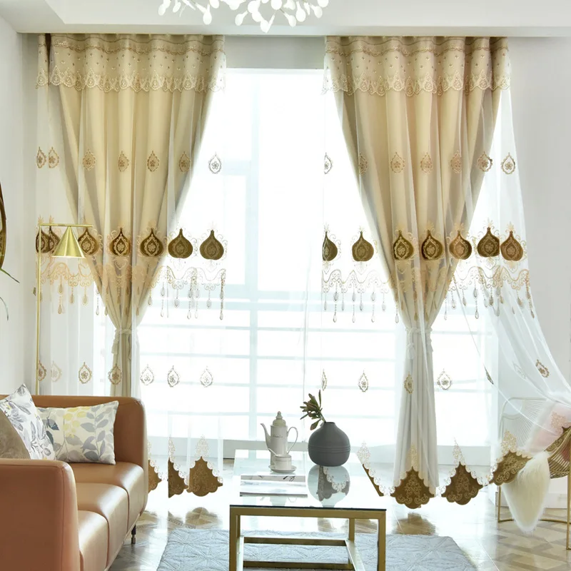 1 Panel 132cm Width European Double Layer Curtain with Valance for Living Room Bedroom Embroidered Luxury Curtain