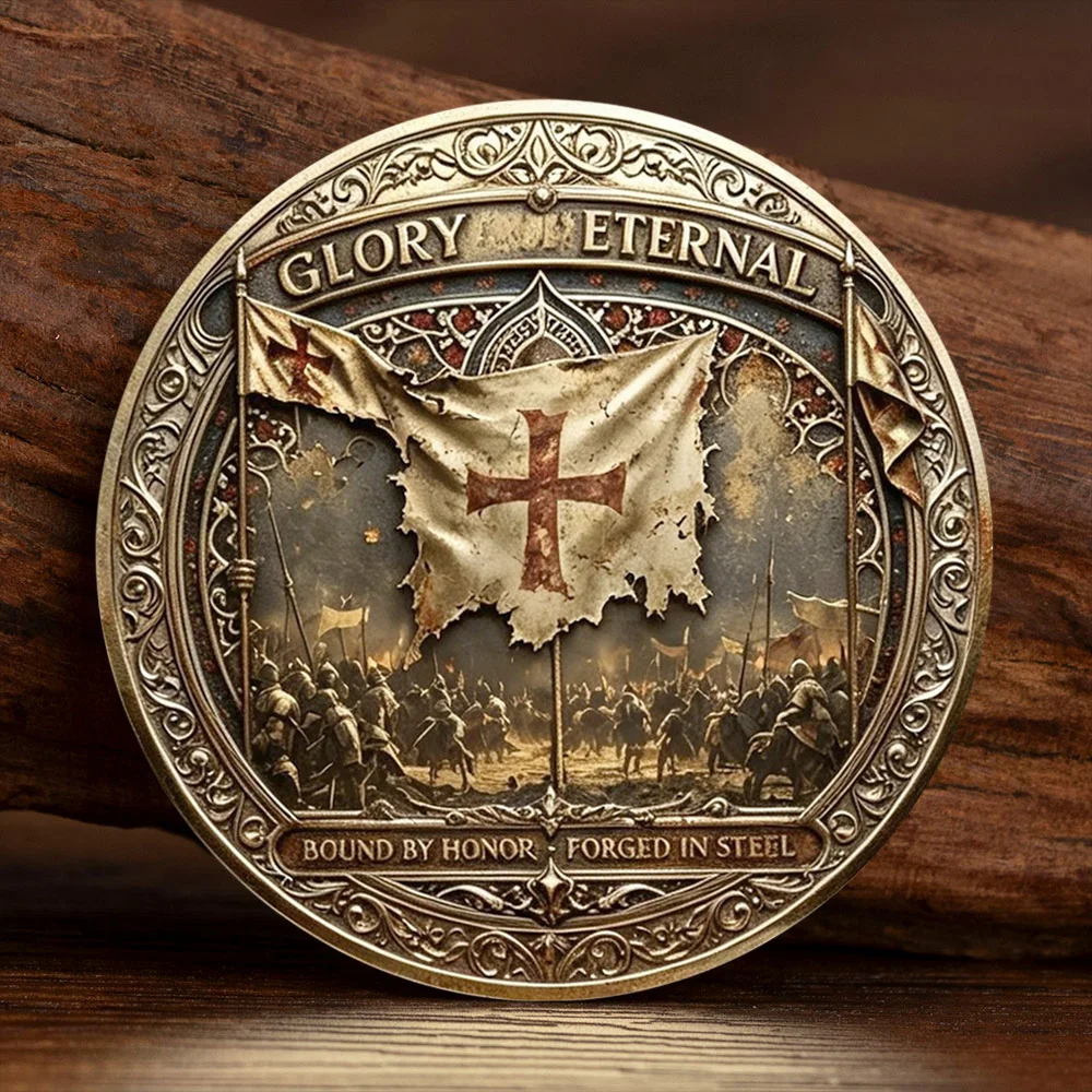 2D Antique Bronze Templar Crusader Challenge Coin Knight Helmet Cross Flag Commemorative Medal Medieval Collectible Coin