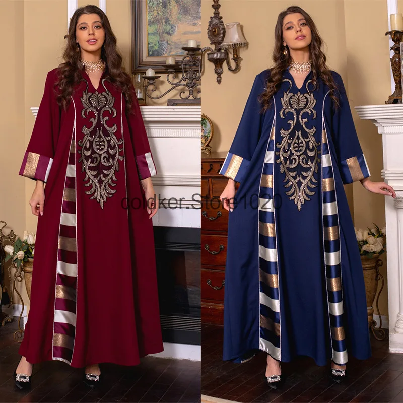 European and American Women's Clothing Middle Eastern Clothing Bead Embroidery Stitching Stripe Abaya Muslim Robe Cross Border