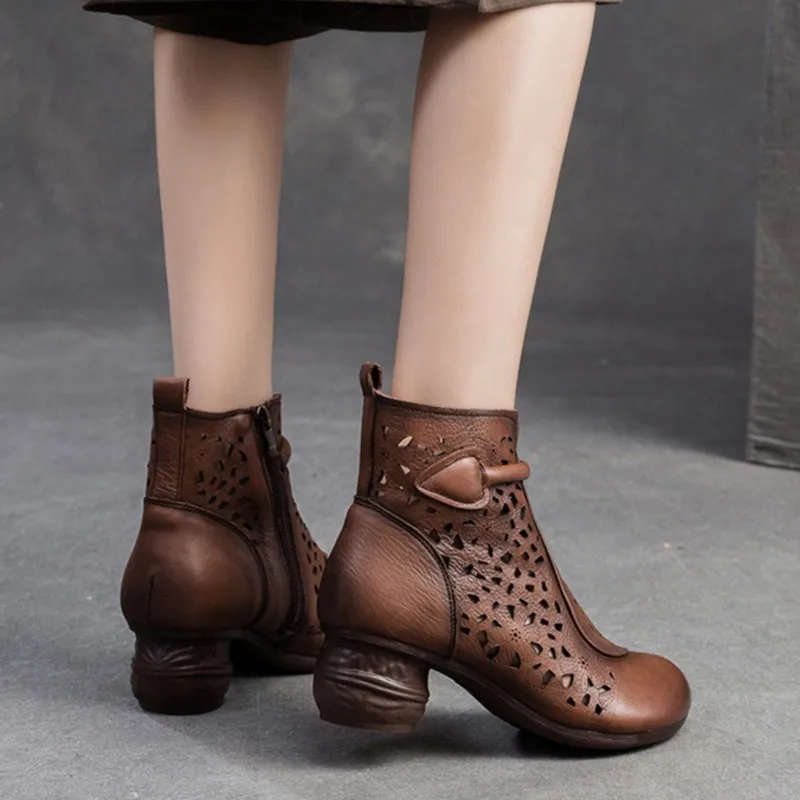 GKTINOO 2024 Summer Ankle Boots Genuine Leather Shoes Women Mid Heels Sandals Side Zip Boots Cutout Breathable Mujer Zapatos